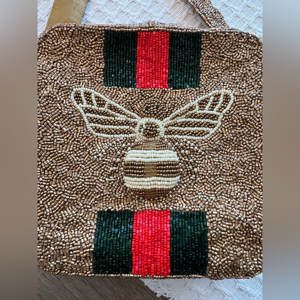 Moyna Beaded Crossbody Bag with Bee and Stripes - Picture 3 of 12